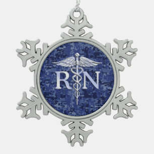 Geregistreerd zuster RN Silver Caduceus op Navy Ca Tin Sneeuwvlok Ornament
