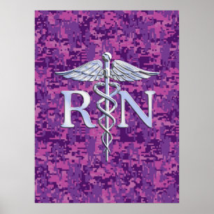 Geregistreerd zuster RN Silver Caduceus op Roze Ca Poster