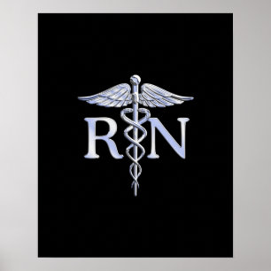 Geregistreerd zuster RN Silver Caduceus op zwart Poster