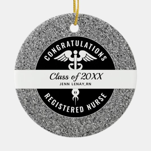 Geregistreerde verpleegster Afstuderen zilver Glit Keramisch Ornament (Voorkant)