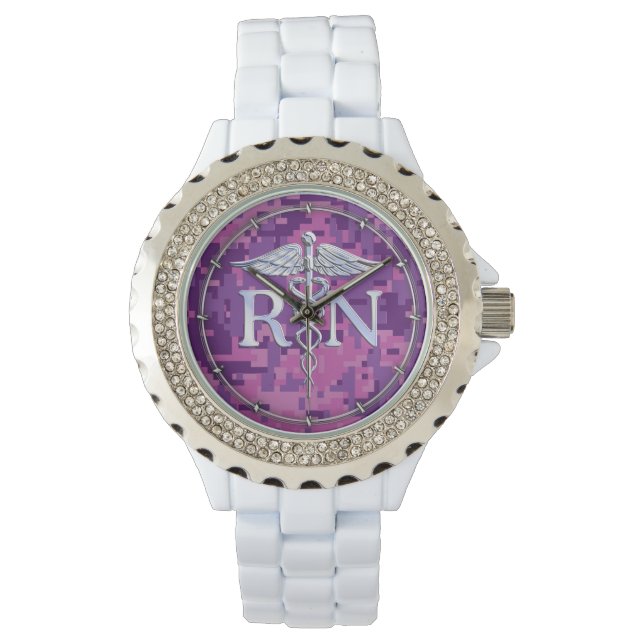 Geregistreerde zuster RN Silver Caduceus Fuchsia C Horloge (Voorkant)