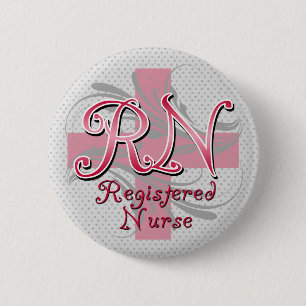 Geregistreerde zuster, roze kruisriemen ronde button 5,7 cm