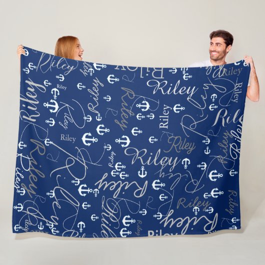 Gerepliceerde Namen Initialen en Ankers Marine Fleece Deken (In situ)