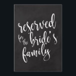 Gereserveerd voor het keurmerk van het krijtbord v kaart<br><div class="desc">Een elegant teken van de snijrandbruiloft,  kenmerkt de tekst "Gereserveerd voor de Familie van de Bride"in een geëxtraheerde manuscriptdoopvont,  voegt de borsteltextuur een spontaan en playful gevoel toe. De achtergrondkleur kan aan uw behoeften en voorkeuren worden aangepast. Neem contact met mij op als u een speciaal verzoek hebt.</div>