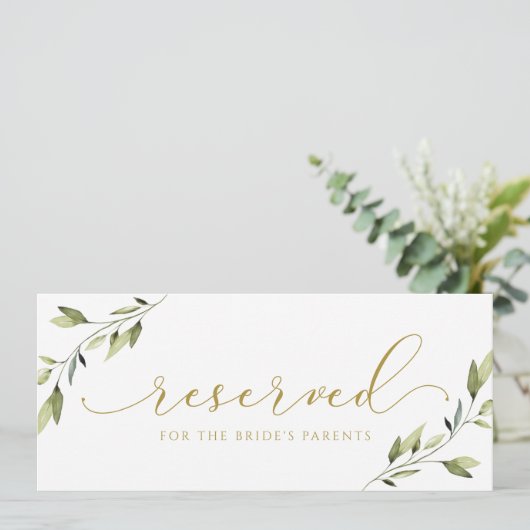 Gereserveerde Greenery Gold Wedding Sign Kaart (Staand voorkant)