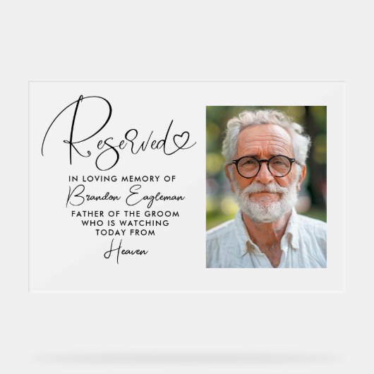 Gereserveerde Seat Memorial Bruiloft Foto Frosted  Acryl Bord (Voorkant)