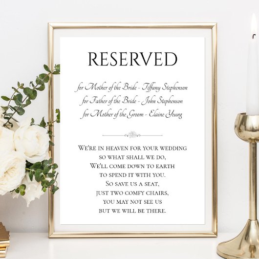 Gereserveerde stoel met namen Memorial Wedding Poster