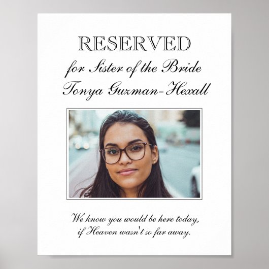 Gereserveerde Zetel Zuster van de Bruid Memorial W Poster (Voorkant)