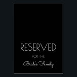 Gereserveerde zwarte en Witte Tabeltekens Kaart<br><div class="desc">Zwarte gereserveerde plaatskaarten om na aankoop in tweeën te vouwen. Moderne gedrukte witte tekst, en script voor de onderste lijn, deze aangepaste zwarte en witte staande kaart kan worden gebruikt om zitplaatsen te reserveren voor elke groep - de familie van de bruid, de bruidpartij, enz., of persoon - de moeder...</div>