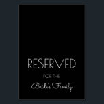 Gereserveerde zwarte en Witte Tabeltekens Kaart<br><div class="desc">Zwarte gereserveerde plaatskaarten om na aankoop in tweeën te vouwen. Moderne gedrukte witte tekst, en script voor de onderste lijn, deze aangepaste zwarte en witte staande kaart kan worden gebruikt om zitplaatsen te reserveren voor elke groep - de familie van de bruid, de bruidpartij, enz., of persoon - de moeder...</div>