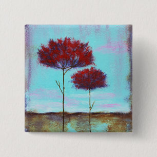 Gerichte, Abstracte kunstlandschapsrode bomen Vierkante Button 5,1 Cm
