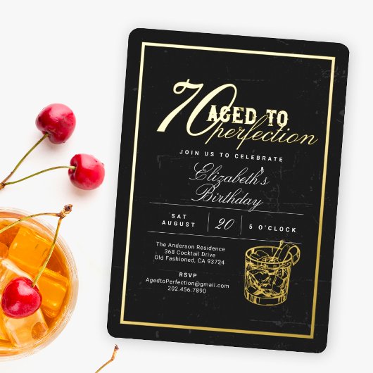 Gerijpt tot Perfectie Cocktail 70ste Verjaardagsfe Folie Uitnodiging