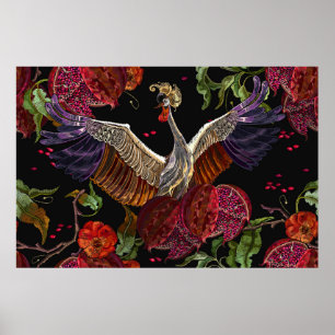Gerijpte pomegranaatvruchten, kraanvogels en wild poster
