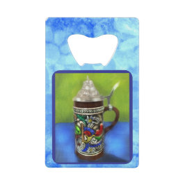 German Beer Stein w/scharnierend deksel blauw groe Creditkaart Flessenopener
