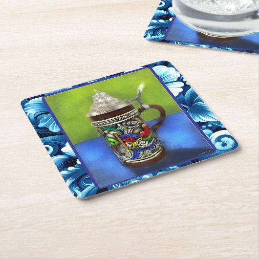 German Beer Stein w/scharnierend deksel blauw groe Kartonnen Onderzetters (Schuin)