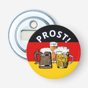 GERMAN FLAG Cartoon Three Beers PROST Button Flesopener