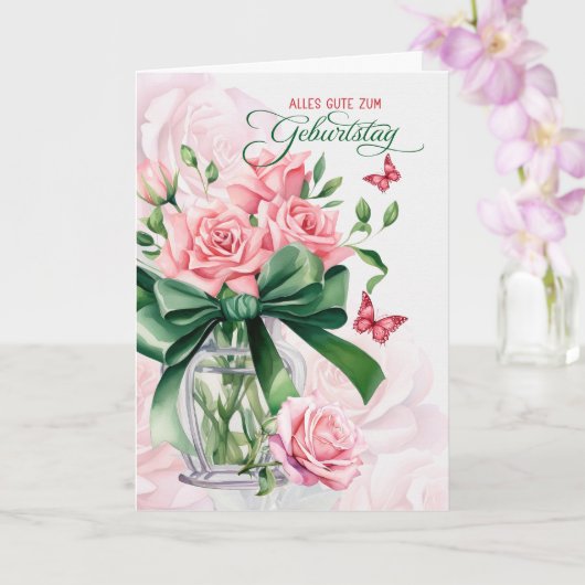 German Geburtstag Birthday Pink Roses Butterflies Kaart (Orchidee)