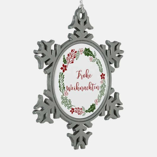 German Merry Kerstmis Wreath, Frohe Weihnachten Tin Sneeuwvlok Ornament (Links)
