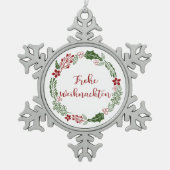 German Merry Kerstmis Wreath, Frohe Weihnachten Tin Sneeuwvlok Ornament (Voorkant)