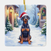 German Pinscher Snowy Courtyard Santa Hat Keramisch Ornament (Voorkant)
