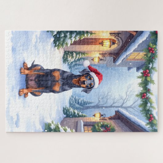 German Pinscher Snowy Courtyard Santa Hat Legpuzzel (Horizontaal)