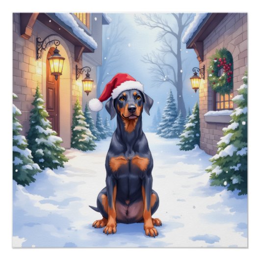 German Pinscher Snowy Courtyard Santa Hat Perfect Poster (Voorkant)