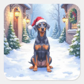 German Pinscher Snowy Courtyard Santa Hat Vierkante Sticker (Voorkant)