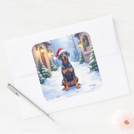 German Pinscher Snowy Courtyard Santa Hat Vierkante Sticker (Envelop)