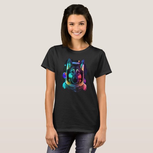 German Shepherd Astronaut in Space Cool Dog Fun Co T-shirt (Voorkant volledig)