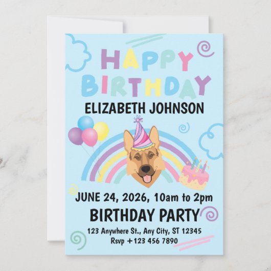 German Shepherd Birthday Invitation in Blue Kaart (Voorkant)