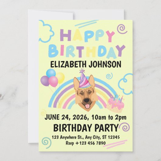 German Shepherd Birthday Invitation in Yellow Kaart (Voorkant)