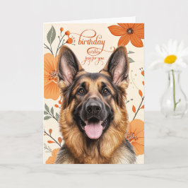 German Shepherd Bold Retro Orange Flowers Birthday Kaart
