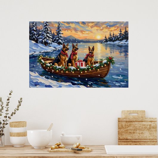 German Shepherd Christmas Boat Holiday Poster (Keuken)