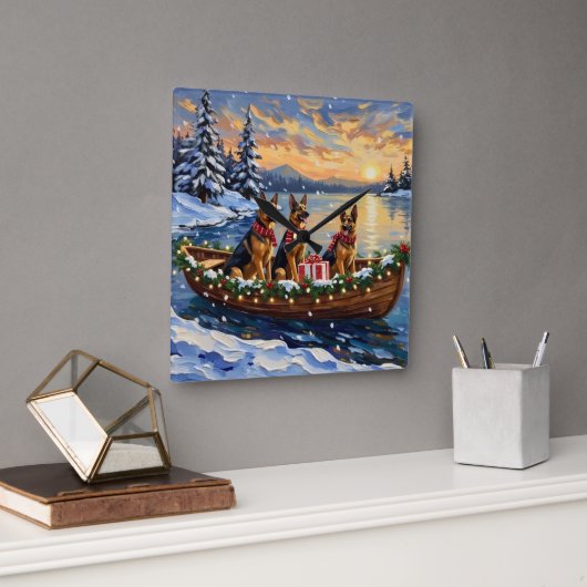 German Shepherd Christmas Boat Holiday Vierkante Klok (Kantoor)