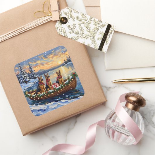 German Shepherd Christmas Boat Holiday Vierkante Sticker (Geschenken)