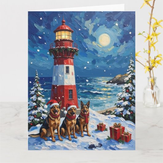 German Shepherd Christmas Lighthouse Holiday Kaart (Gele Bloem)