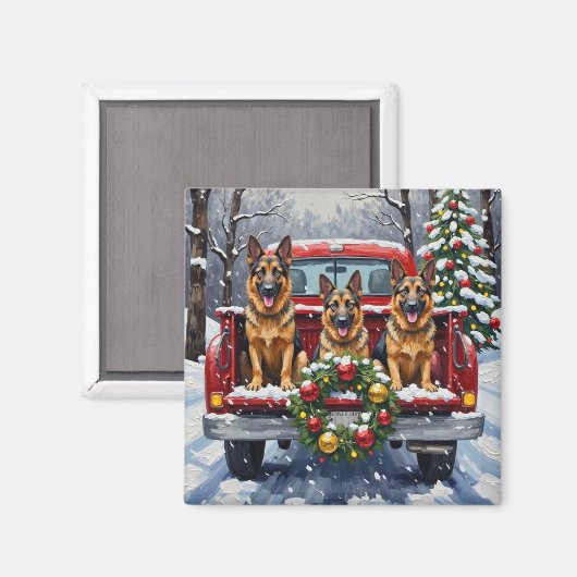 German Shepherd Christmas Red Truck Holiday Magneet (Voorkant / Achterkant)