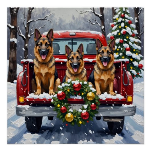 German Shepherd Christmas Red Truck Holiday Perfect Poster (Voorkant)
