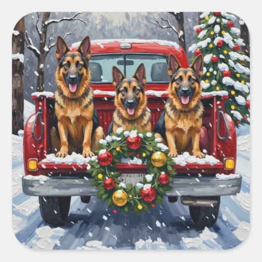 German Shepherd Christmas Red Truck Holiday Vierkante Sticker (Voorkant)