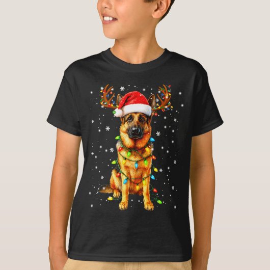 German Shepherd Christmas Tree Lights Pajama Dog L T-shirt (Voorkant)