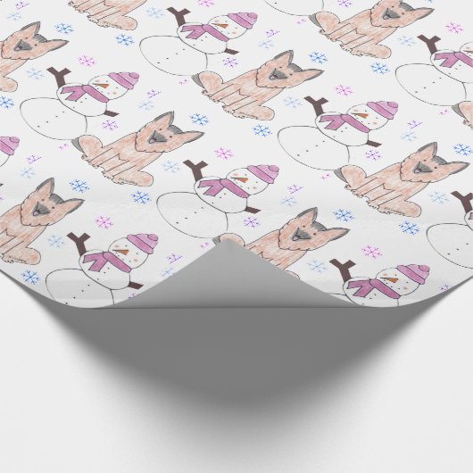 German Shepherd Dog en Snowman Cadeaupapier (Hoek)