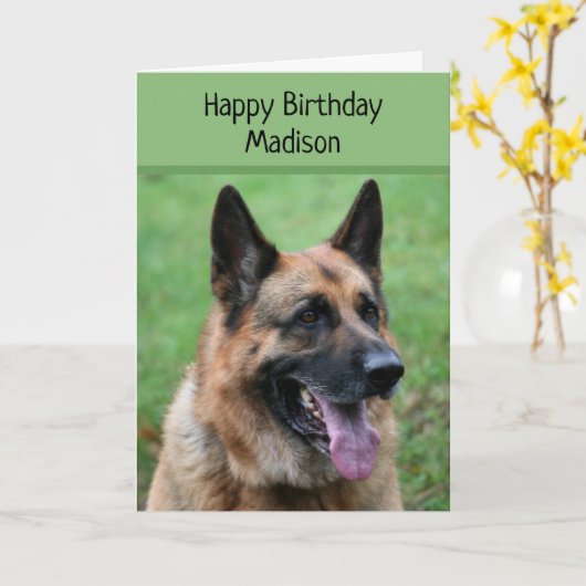 German Shepherd Dog, Happy Birthday, gepersonalise Kaart (Gele Bloem)