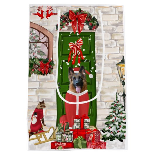 German Shepherd Dog Kerstmis Medium Cadeauzakje (Achterkant)