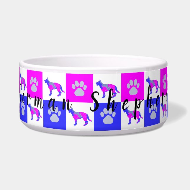 German Shepherd Dog & Paw Hot Pink & Blue Pet Bowl Voerbakje (Voorkant)