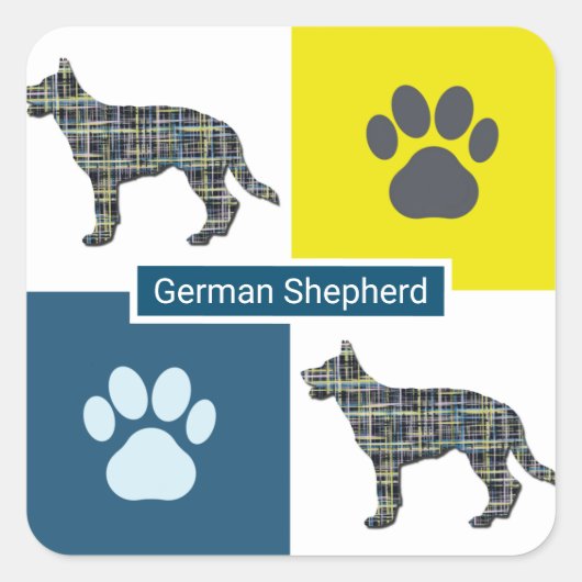 German Shepherd Dog & Paw Y&B Grid Square Sticker (Voorkant)