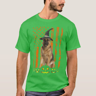 German Shepherd Dog Pumpkin American Flag Witch Ha T-shirt