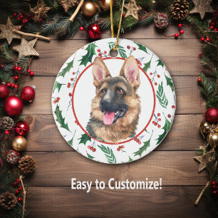 German Shepherd Dog Red Berry Holly Border Ceramic Keramisch Ornament