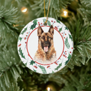 German Shepherd Dog Red Berry Holly Border Keramisch Ornament