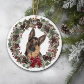 German Shepherd Dog Red Bow Pinecone Wreater Keramisch Ornament