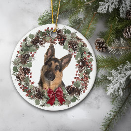 German Shepherd Dog Red Bow Pinecone Wreater Keramisch Ornament